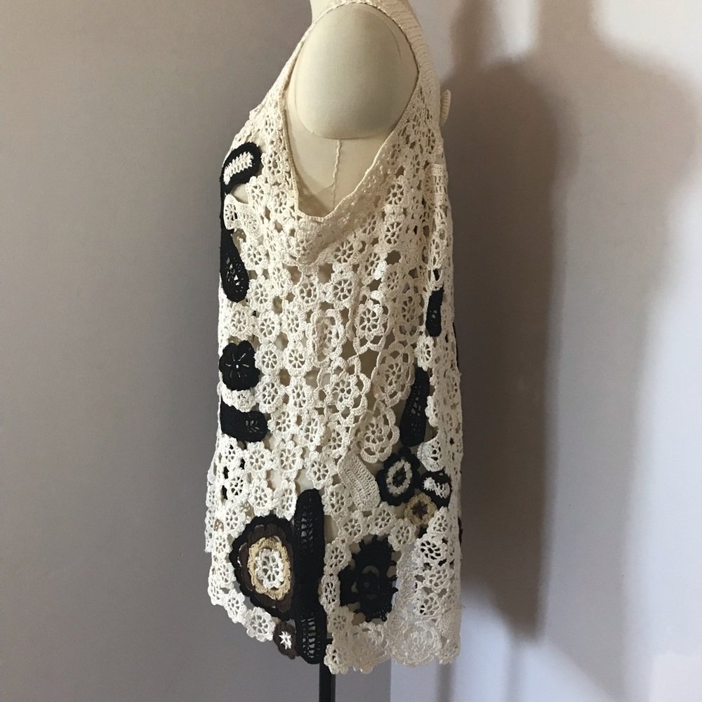 Oscar de la Renta Ivory/Black/Brown Crochet Top M - Picture 4 of 7